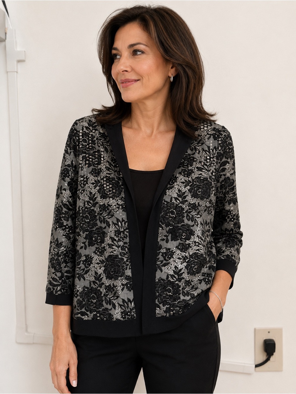 Black & Gray Floral Open-Front Blazer Jacket